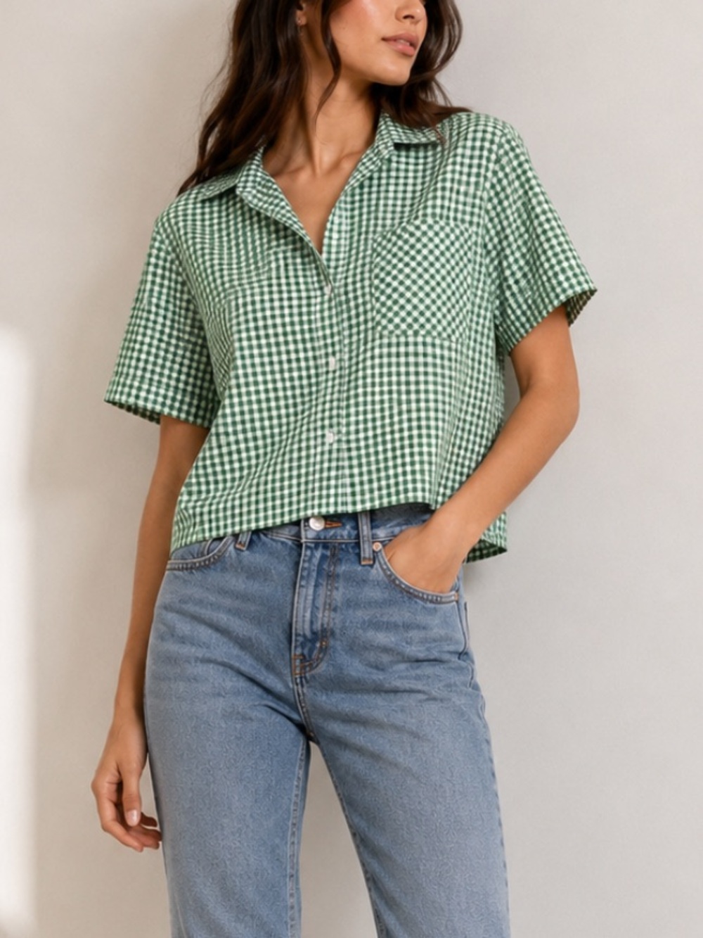 Aritzia Sunday Best Gingham Button Down Shirt Cottagecore Green Medium